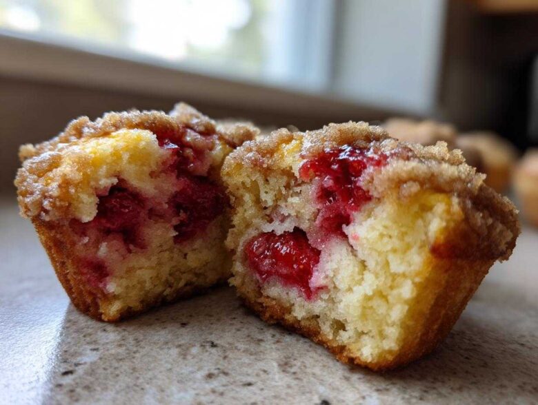 Close-up of a strawberry muffin cut in half showing moist crumb and bright red fruit filling.