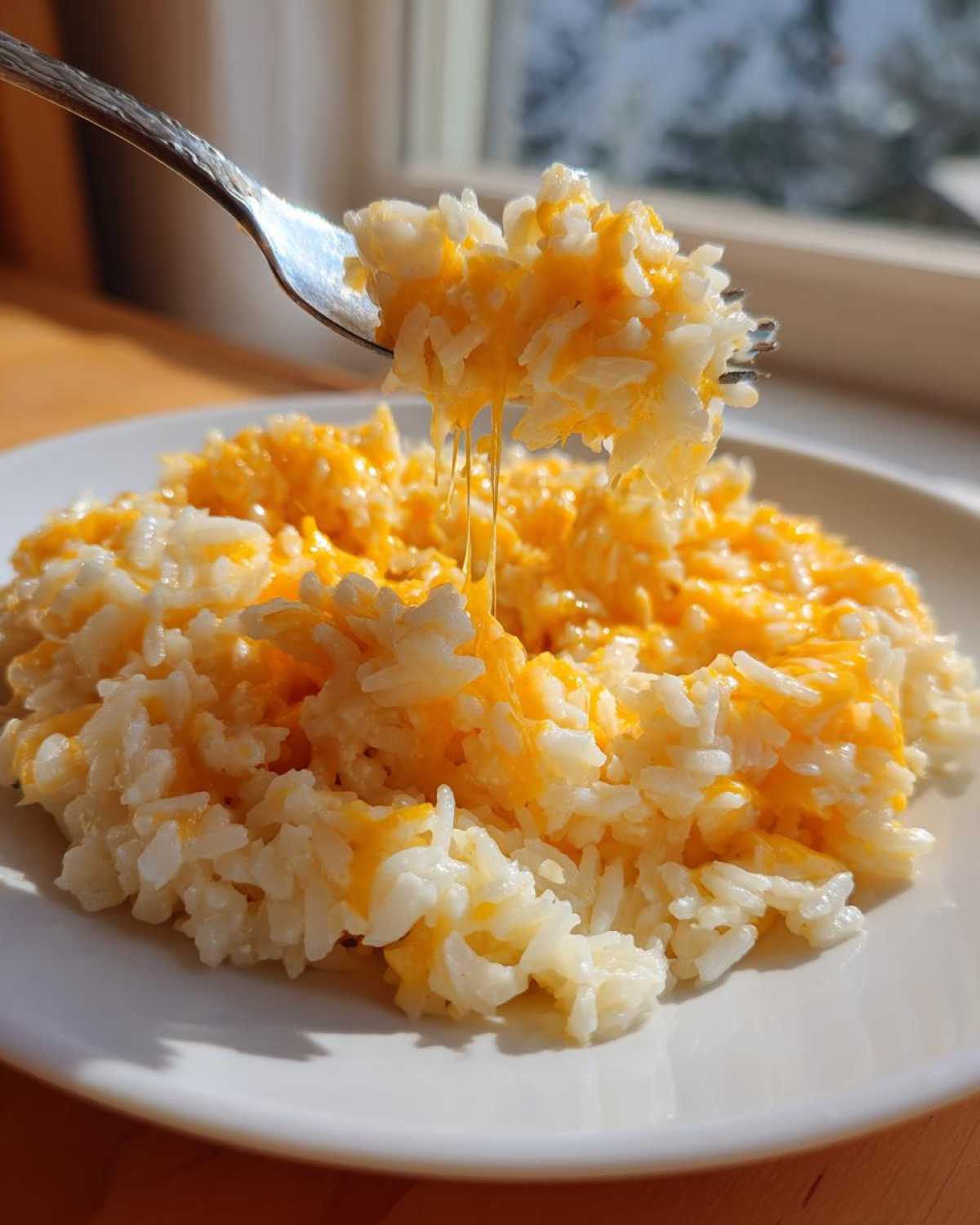 A fork lifts a bite of creamy, cheesy rice, showing long, melted cheese strings from this amazing cheesy rice dish.