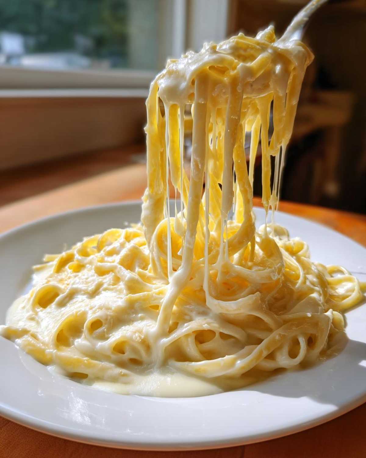 A fork lifts fettuccine noodles coated in thick, creamy Olive Garden Alfredo Sauce, showing dramatic cheese pulls.