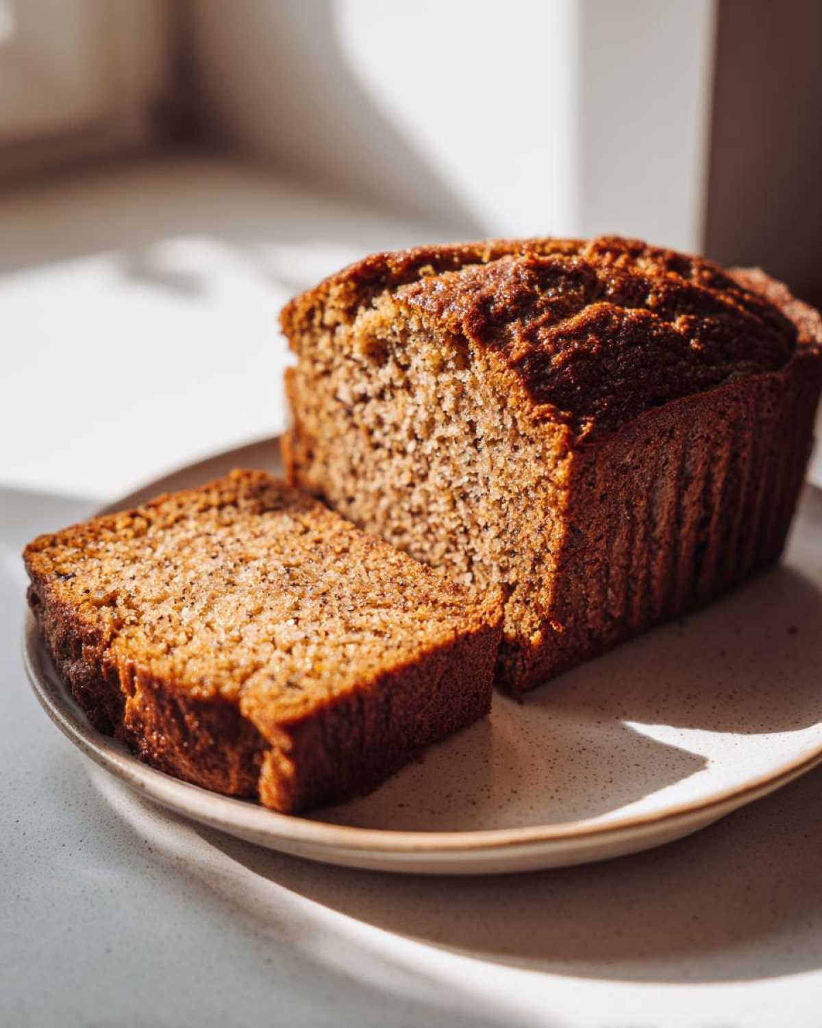 A slice cut from a moist loaf of sugar free banana bread sits on a speckled plate in bright sunlight.