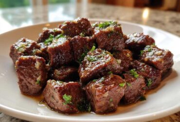 Close-up of tender, cubed crockpot steak bites coated in a rich sauce and sprinkled with fresh parsley.