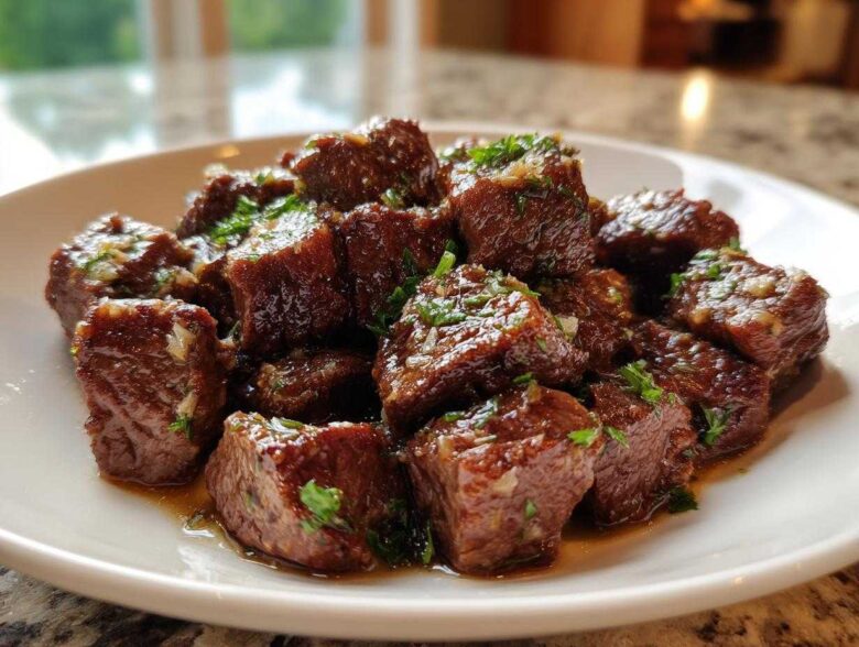 Close-up of tender, cubed crockpot steak bites coated in a rich sauce and sprinkled with fresh parsley.