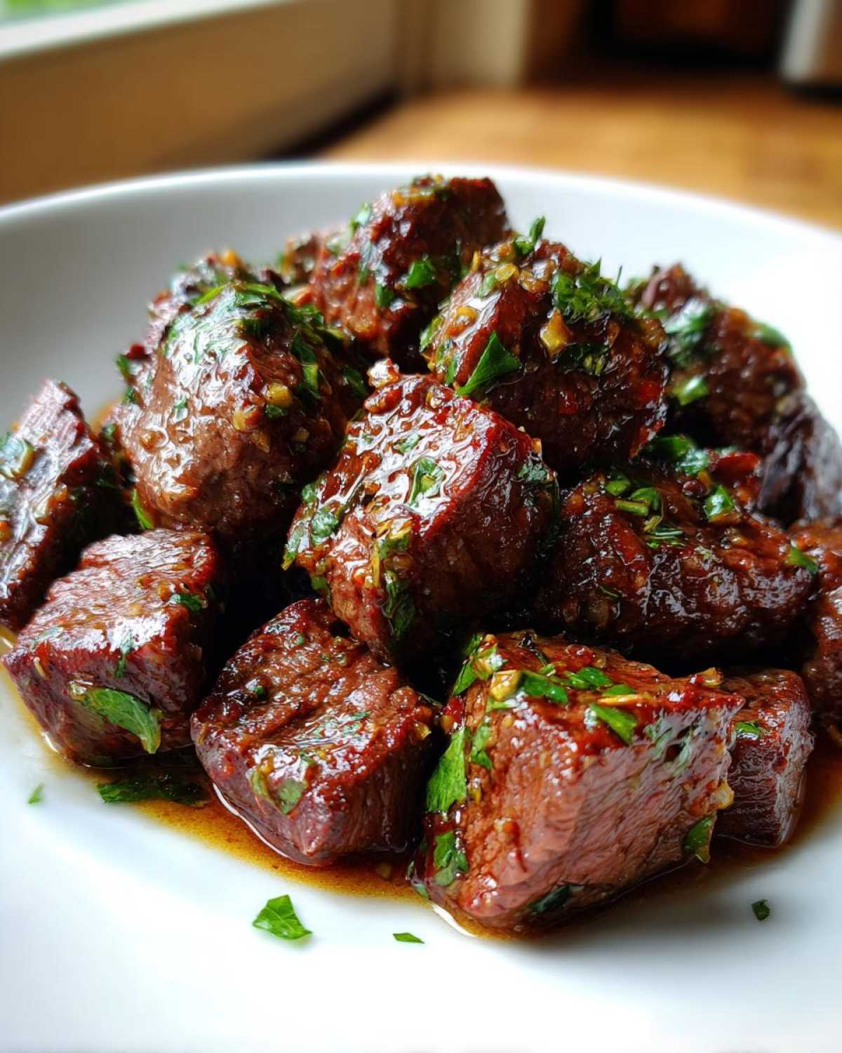 Close-up of tender, cubed crockpot steak bites coated in a rich, savory sauce and fresh green herbs.