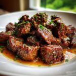 Close-up of tender, cubed crockpot steak bites glistening in sauce and topped with fresh parsley.