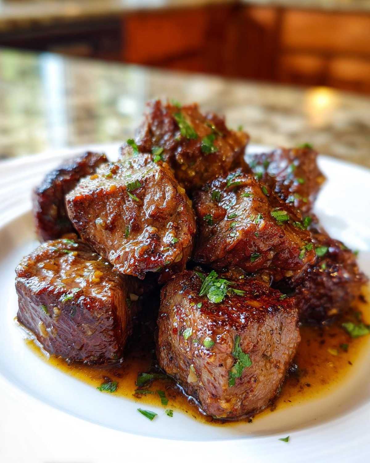 Close-up of tender crockpot steak pieces piled on a white plate, coated in a savory brown sauce and garnished with parsley.