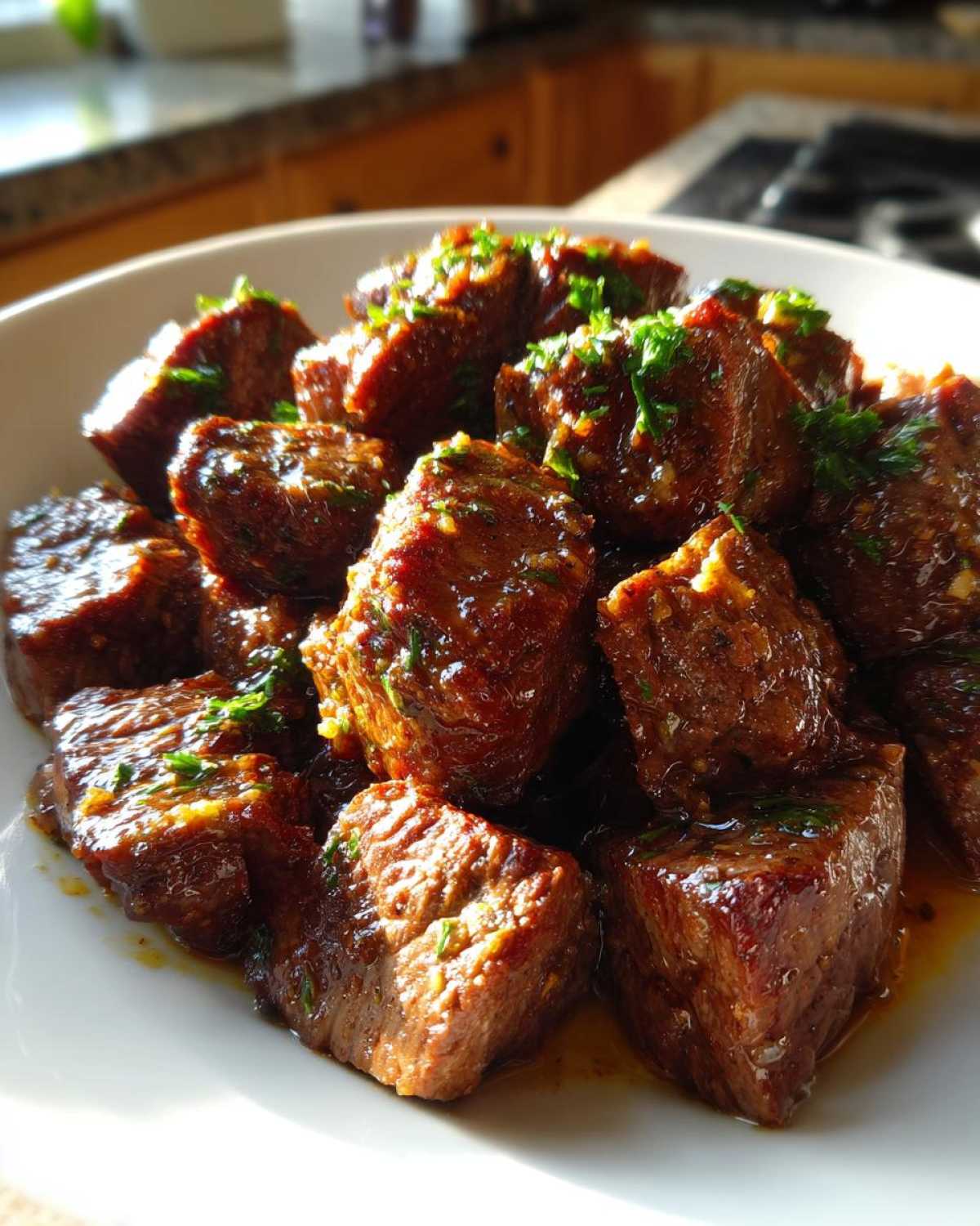 Close-up of tender, saucy crockpot steak cubes garnished with fresh green parsley.