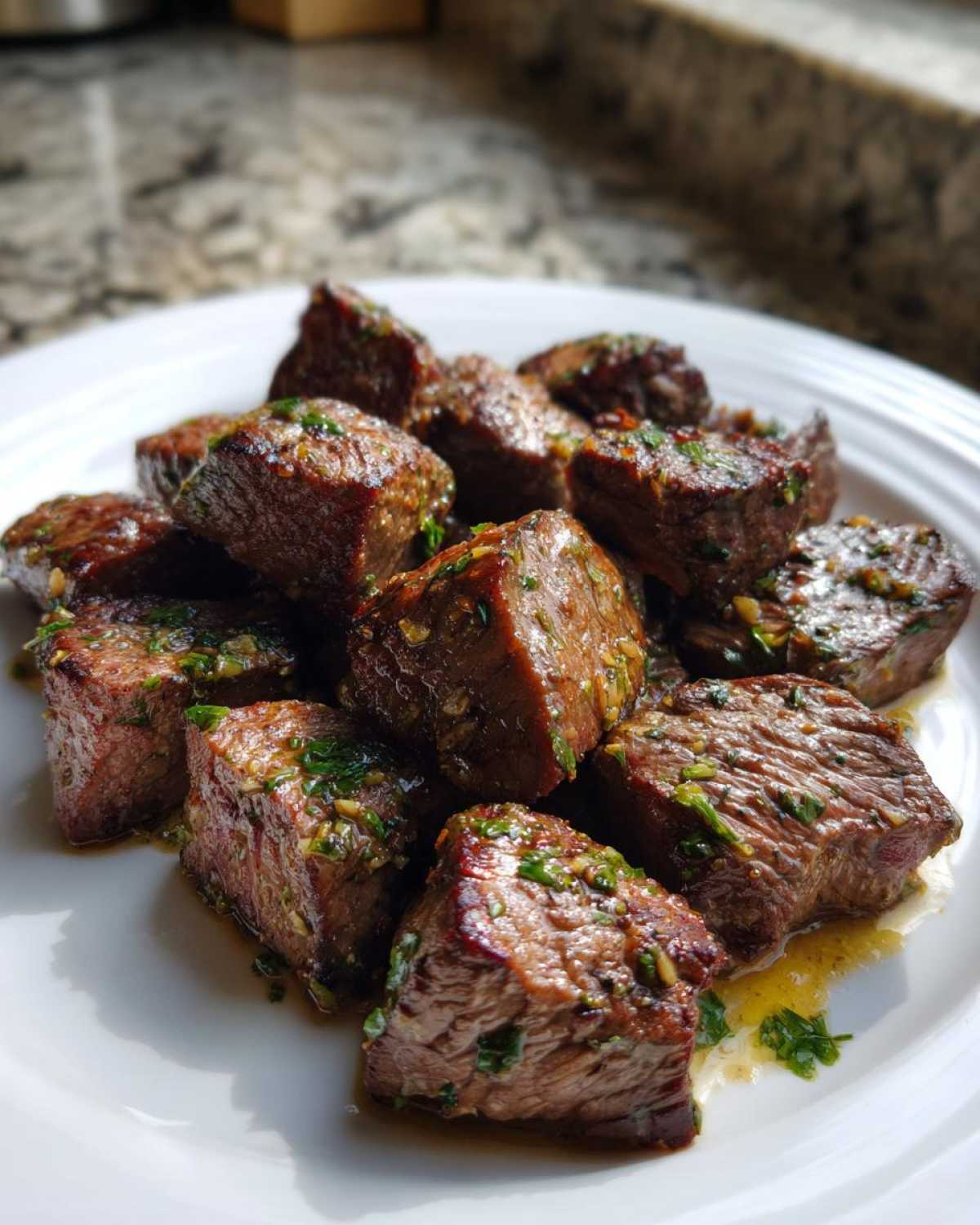 Close-up of tender, cubed crockpot steak pieces coated in a savory garlic and herb sauce on a white plate.