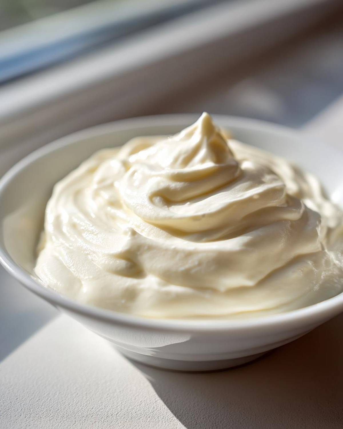 Close-up of thick, rich homemade alfredo sauce swirled high in a white bowl, catching bright sunlight.