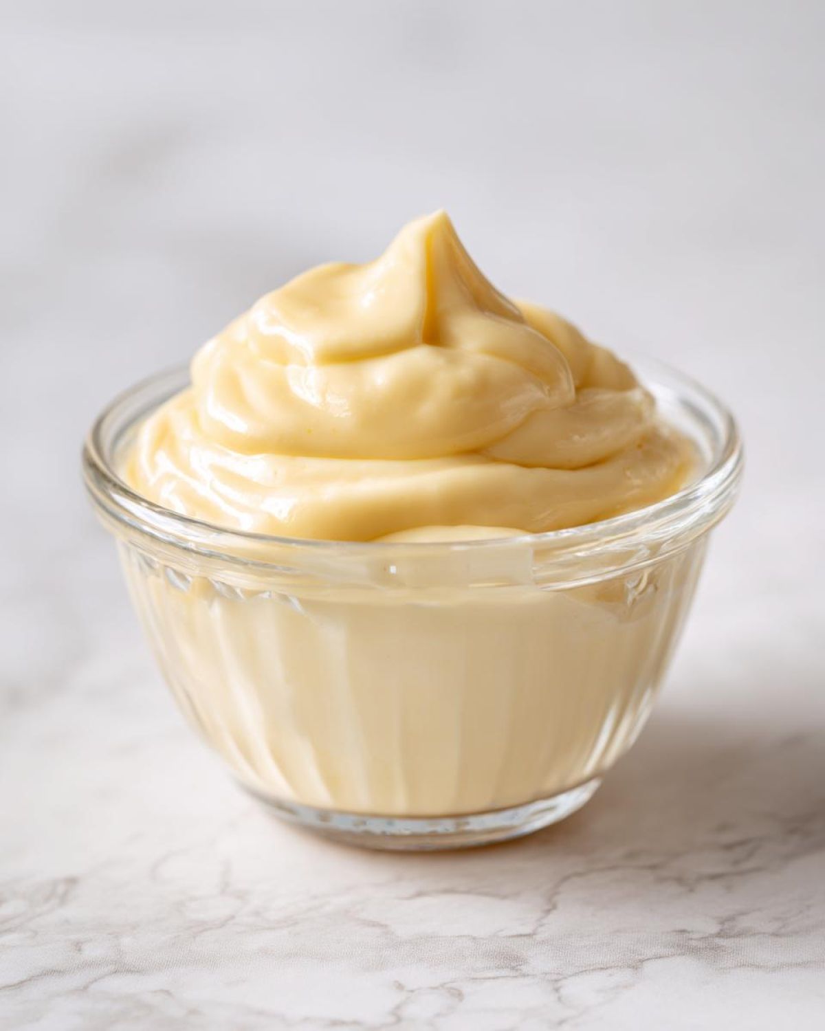 A close-up of thick, creamy, pale yellow homemade mayonnaise swirled high in a small glass bowl.