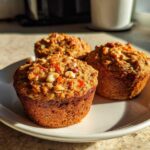 Three freshly baked morning glory muffins topped with nuts and shredded carrots resting on a white plate.