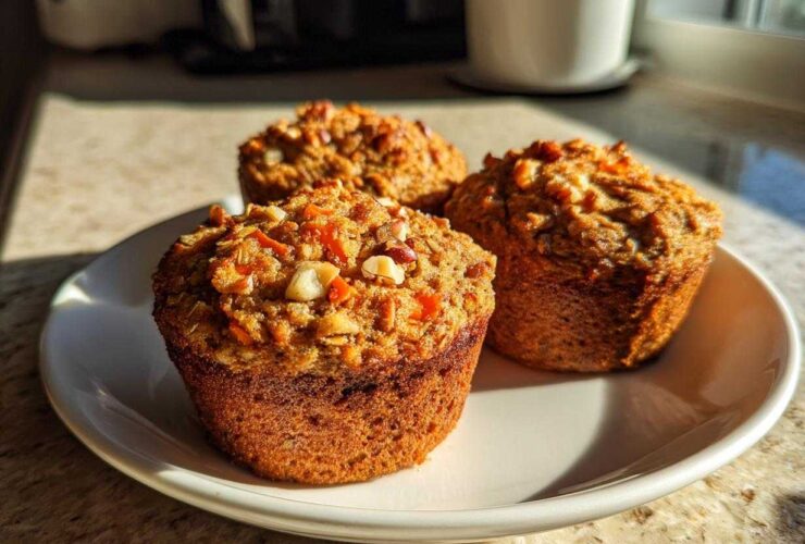 Three freshly baked morning glory muffins topped with nuts and shredded carrots resting on a white plate.