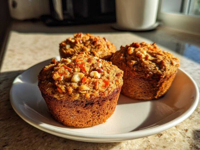 Three freshly baked morning glory muffins topped with nuts and shredded carrots resting on a white plate.