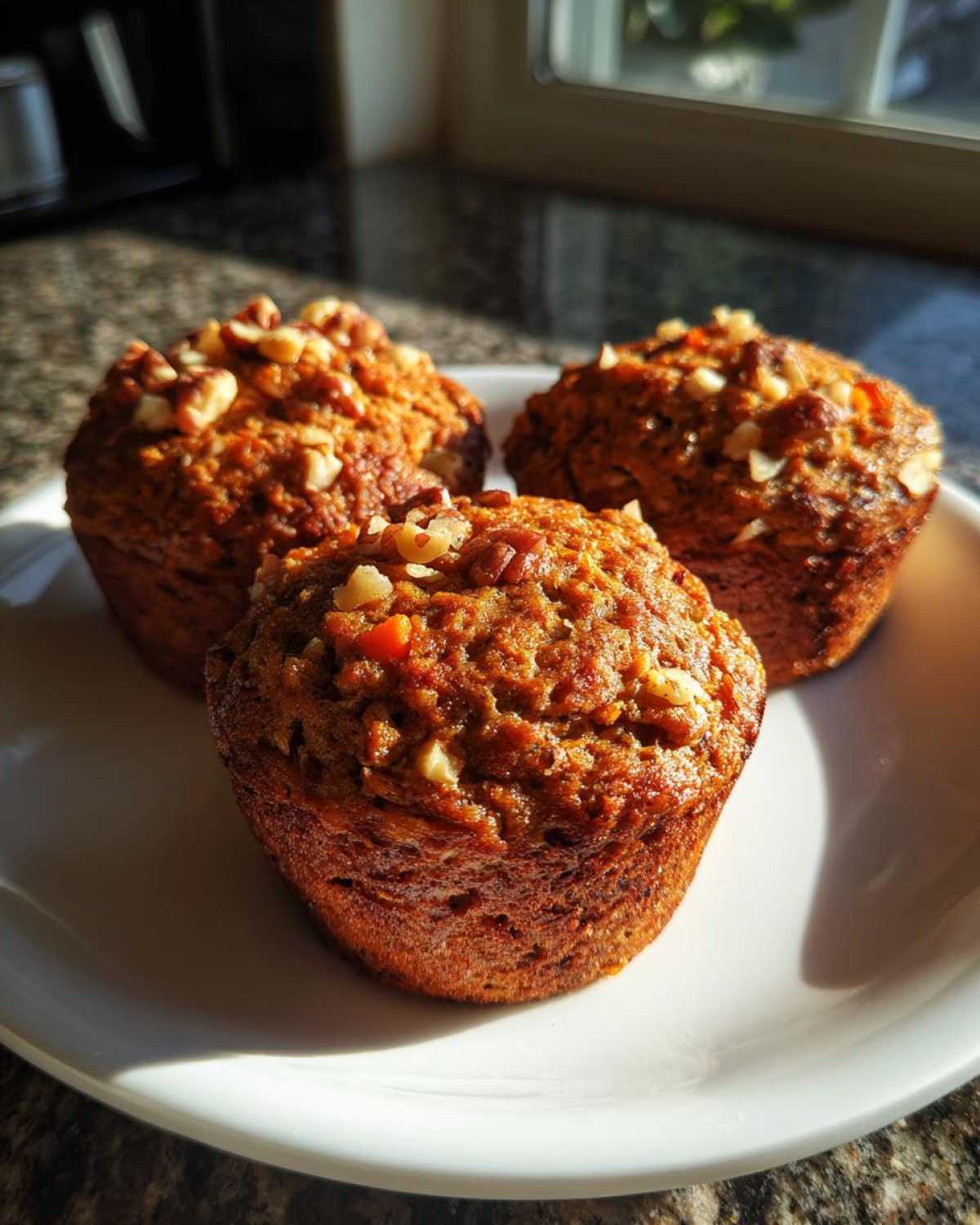 Three freshly baked morning glory muffins topped with chopped walnuts, sitting on a white plate.