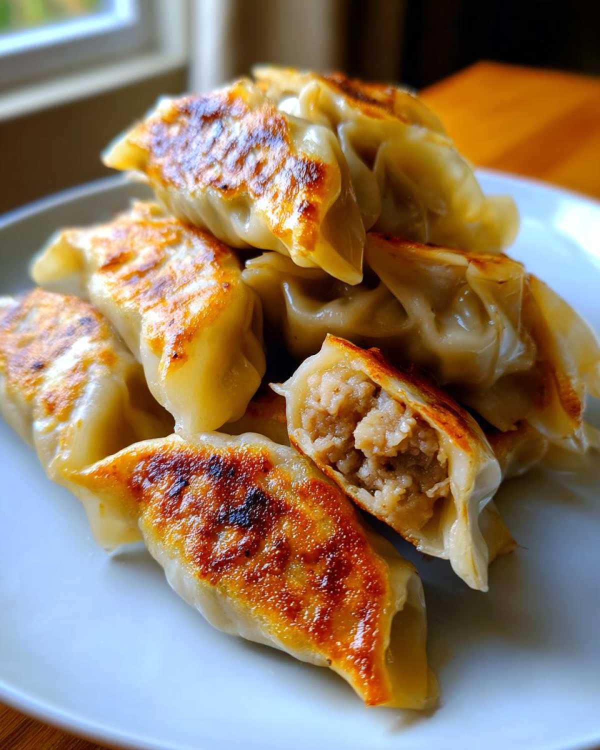 A pile of golden-brown, pan-fried Traditional Chinese Dumplings, one cut open to show the savory filling.