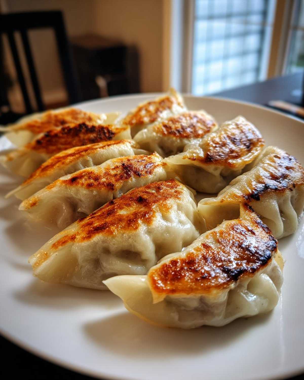 A plate of golden-brown, pan-fried Traditional Chinese Dumplings with crispy bottoms.