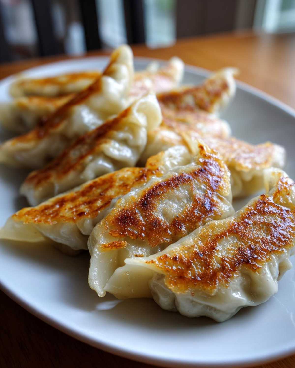 Close-up of golden-brown, pan-fried Traditional Chinese Dumplings arranged on a white plate.
