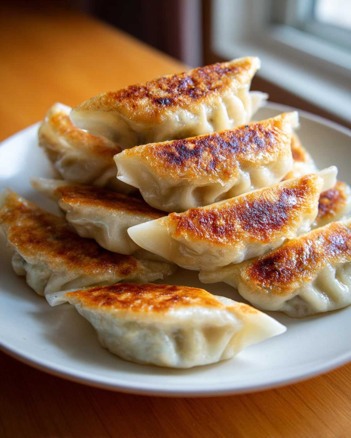 A stack of golden-brown, pan-fried Traditional Chinese Dumplings piled high on a white plate.