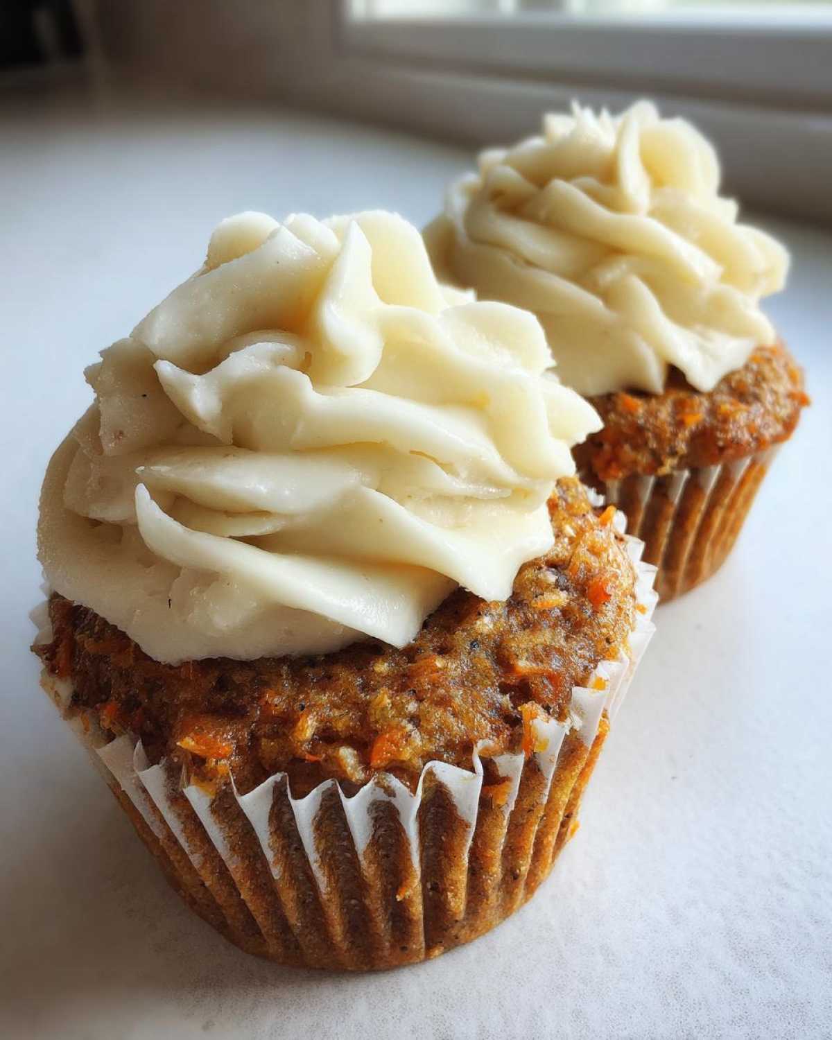 Close-up of two moist carrot cake muffins topped with thick swirls of cream cheese frosting.