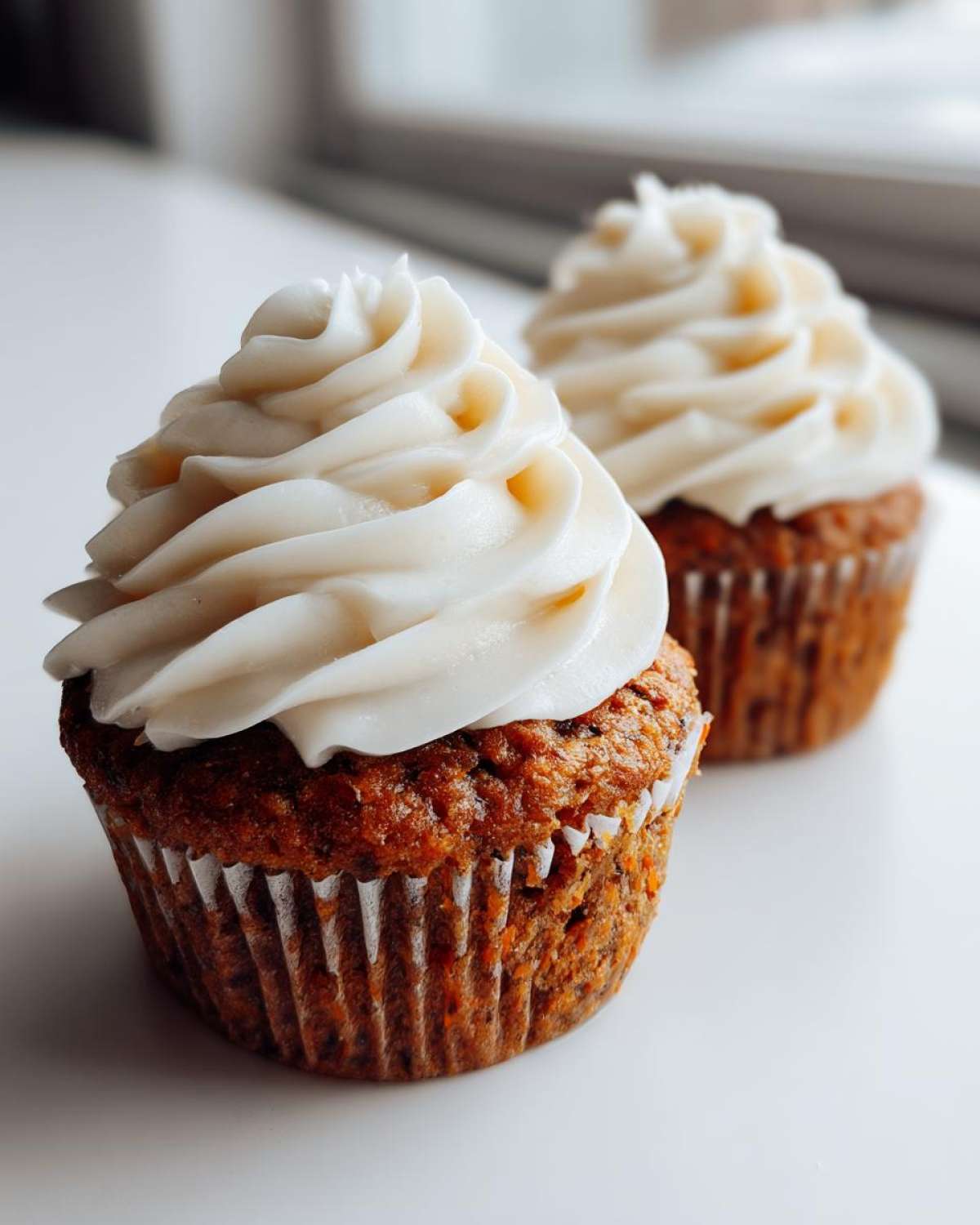 Close-up of two delicious carrot cake muffins topped with thick swirls of cream cheese frosting.