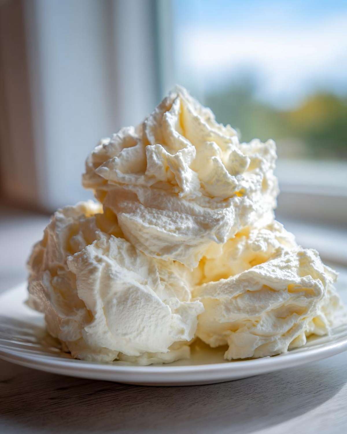 A generous mound of light and fluffy vanilla buttercream frosting piped onto a white plate.