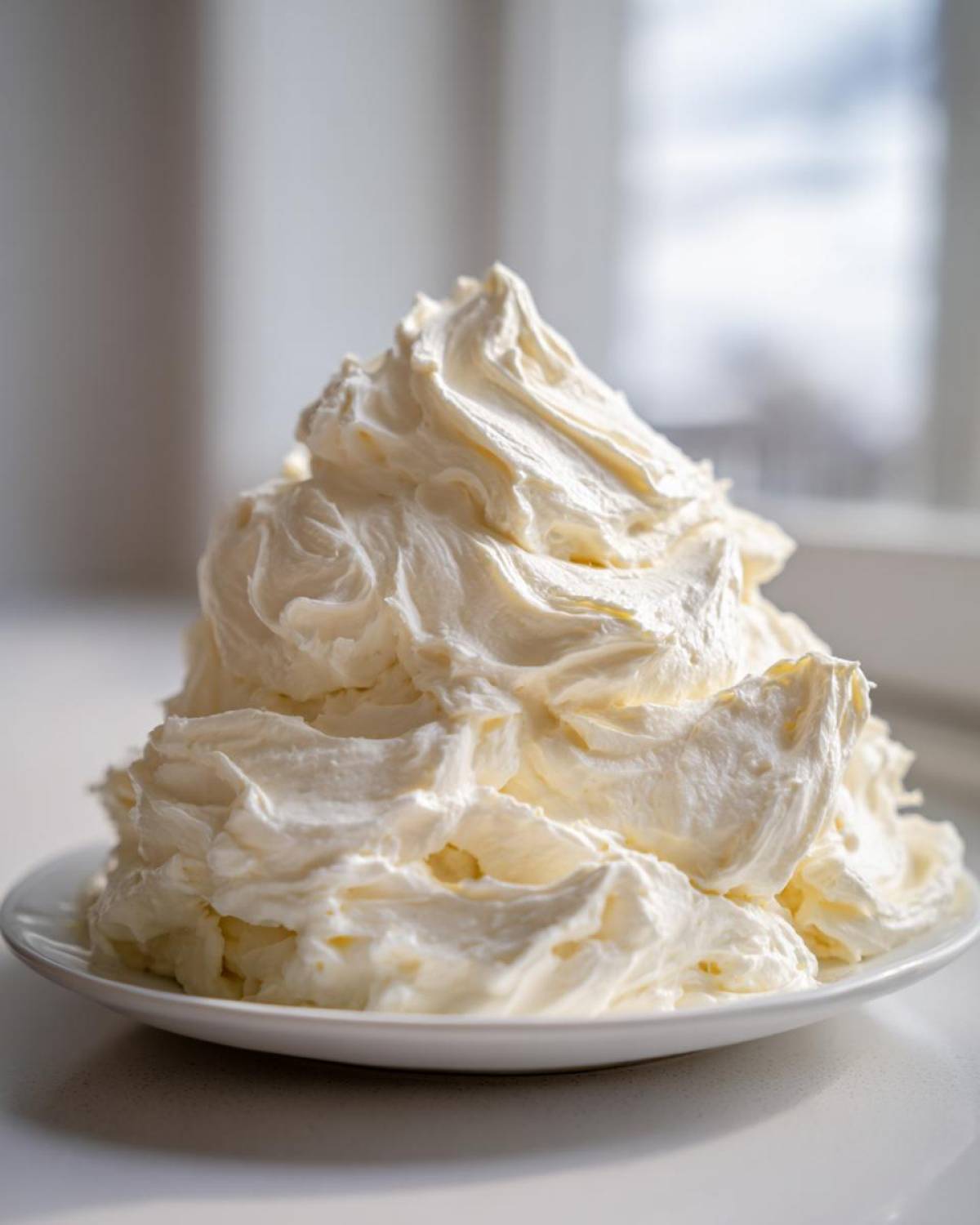 A generous mound of perfectly swirled, creamy vanilla buttercream frosting sitting on a white plate.