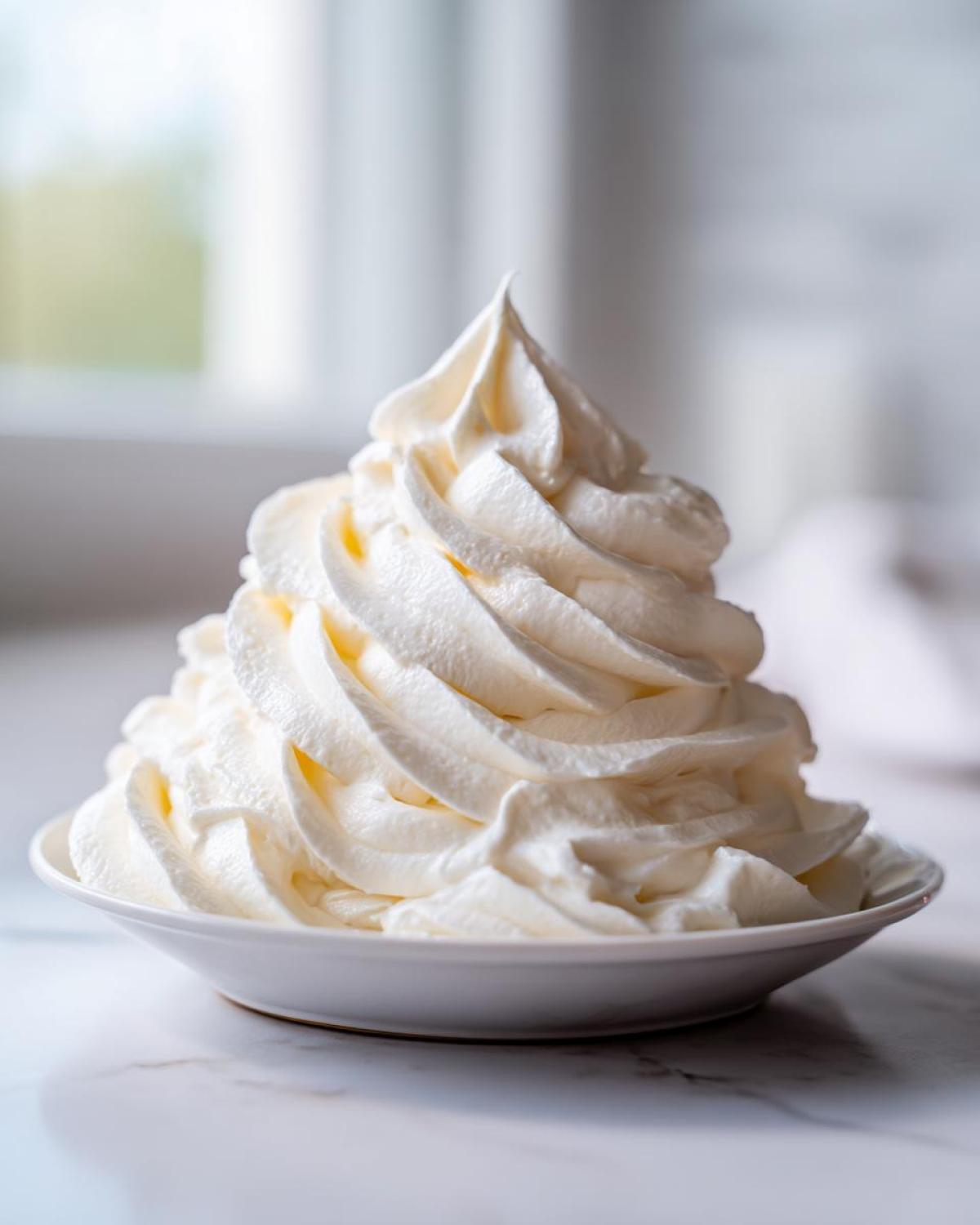 A tall, perfectly piped mound of creamy white vanilla buttercream frosting in a small white bowl.