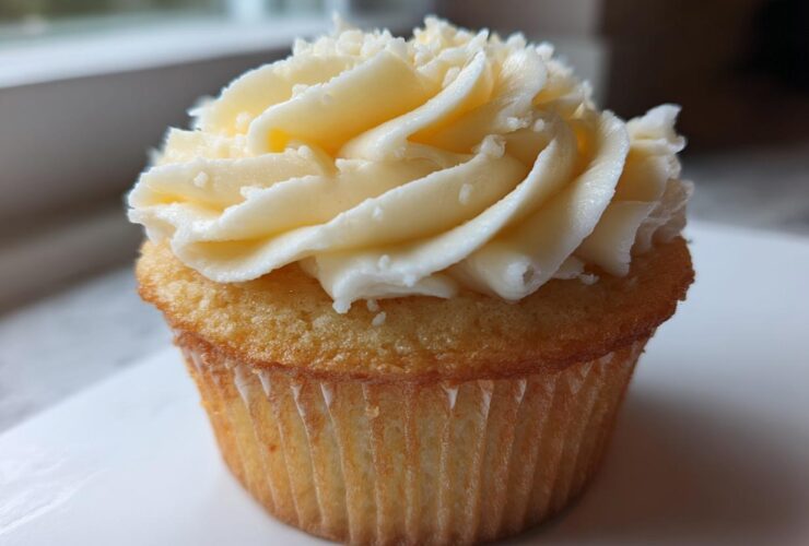 A close-up shot of a single, perfectly baked vanilla cupcake topped with rich, swirled vanilla frosting.