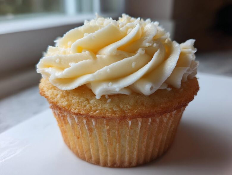 A close-up shot of a single, perfectly baked vanilla cupcake topped with rich, swirled vanilla frosting.