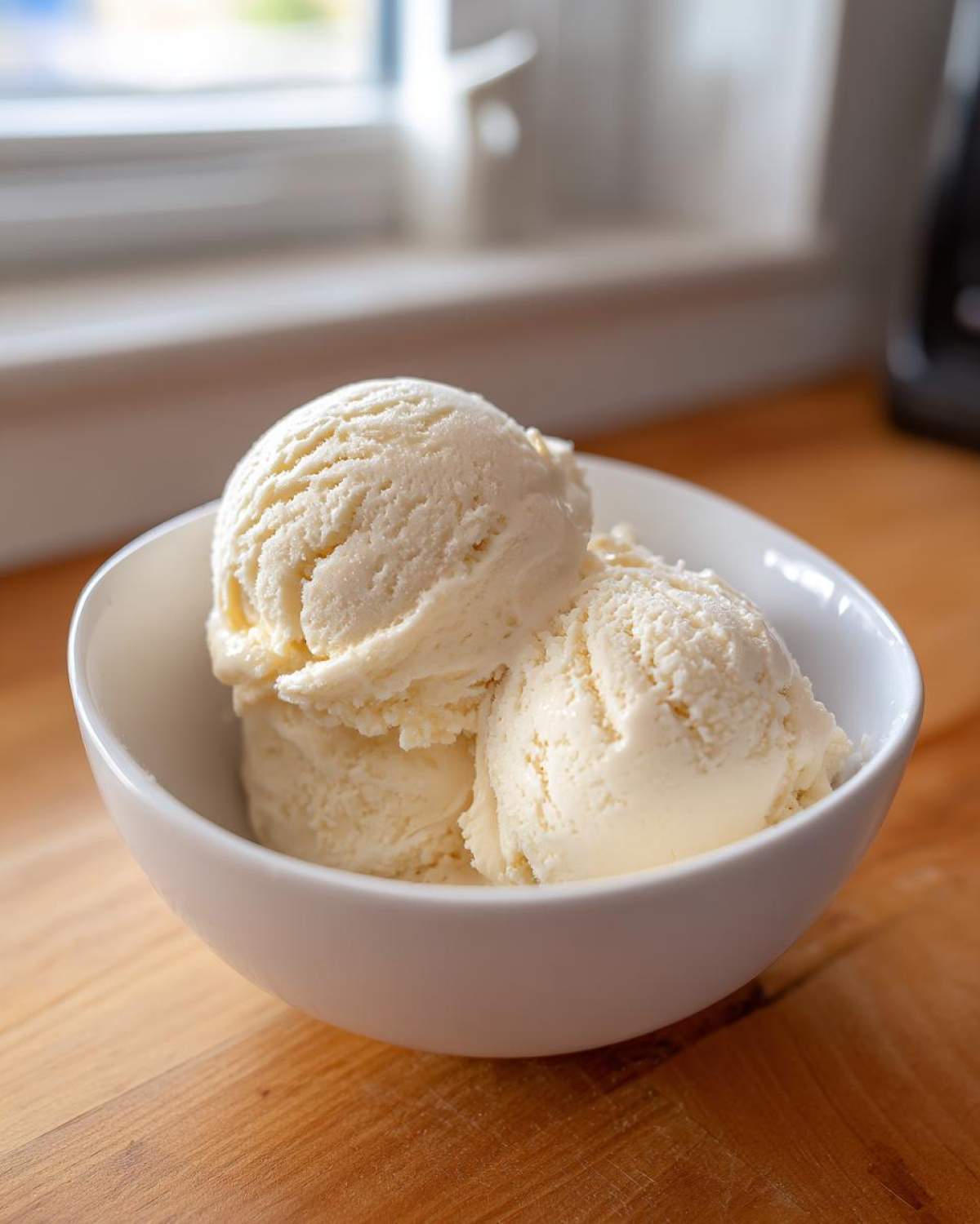 Three scoops of creamy vanilla protein ice cream served in a white bowl on a wooden surface.