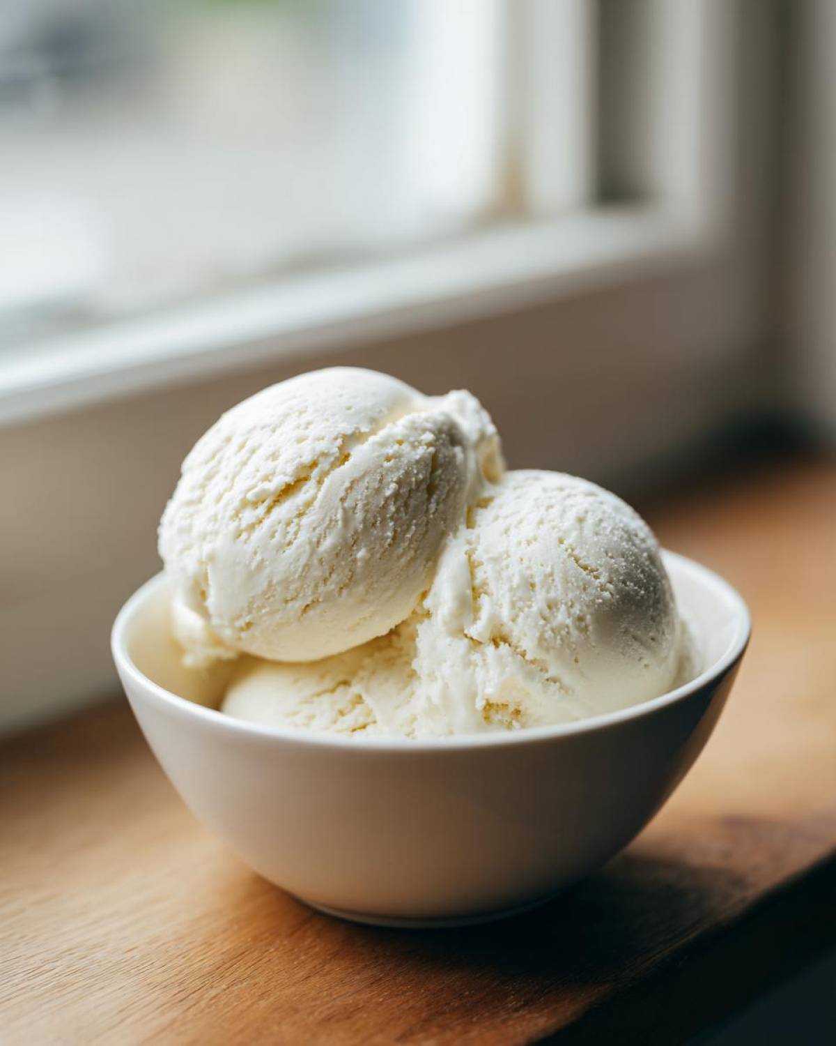 Three scoops of creamy white protein ice cream served in a small white bowl on a wooden surface.