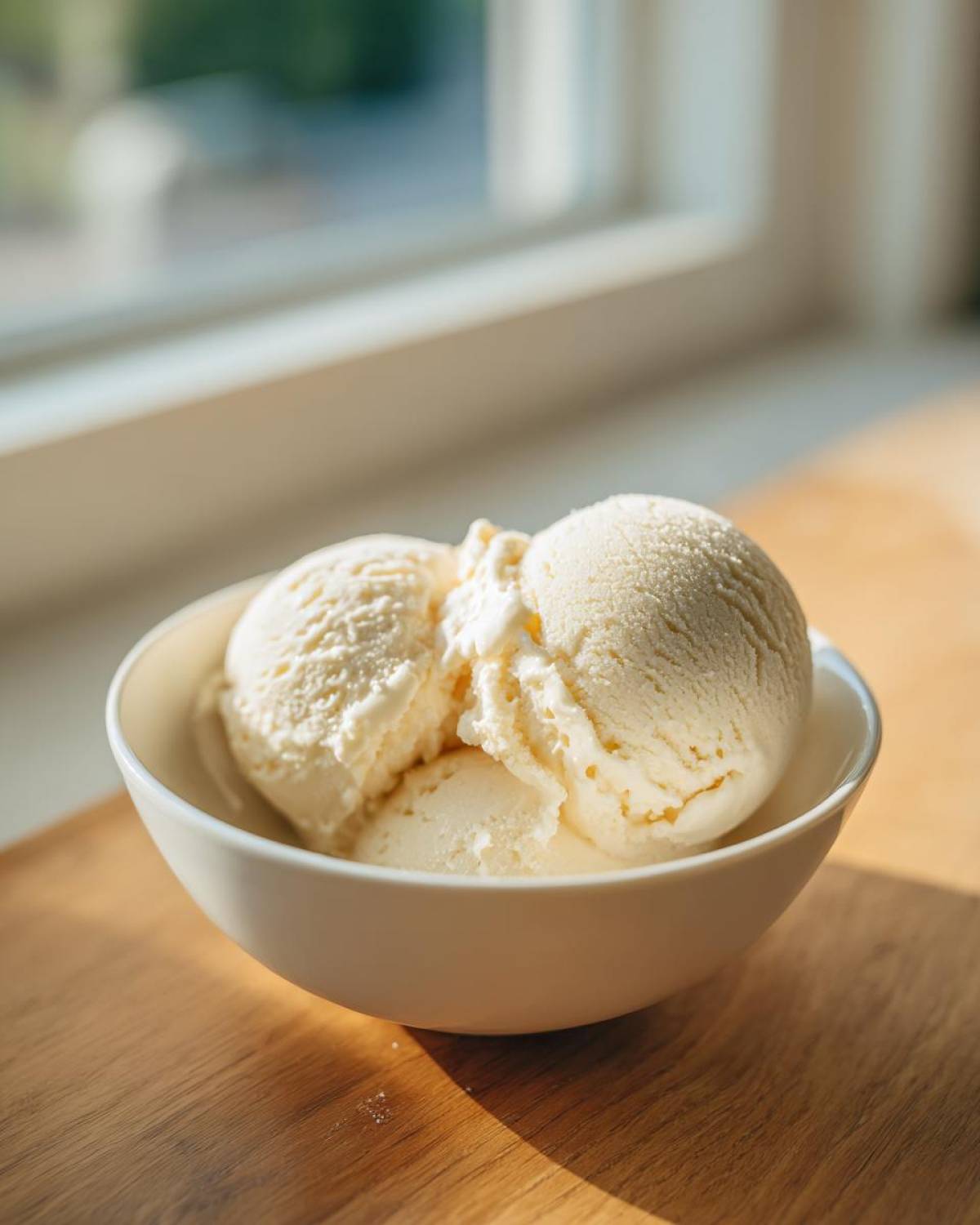 Three scoops of creamy vanilla protein ice cream served in a white bowl on a wooden surface.