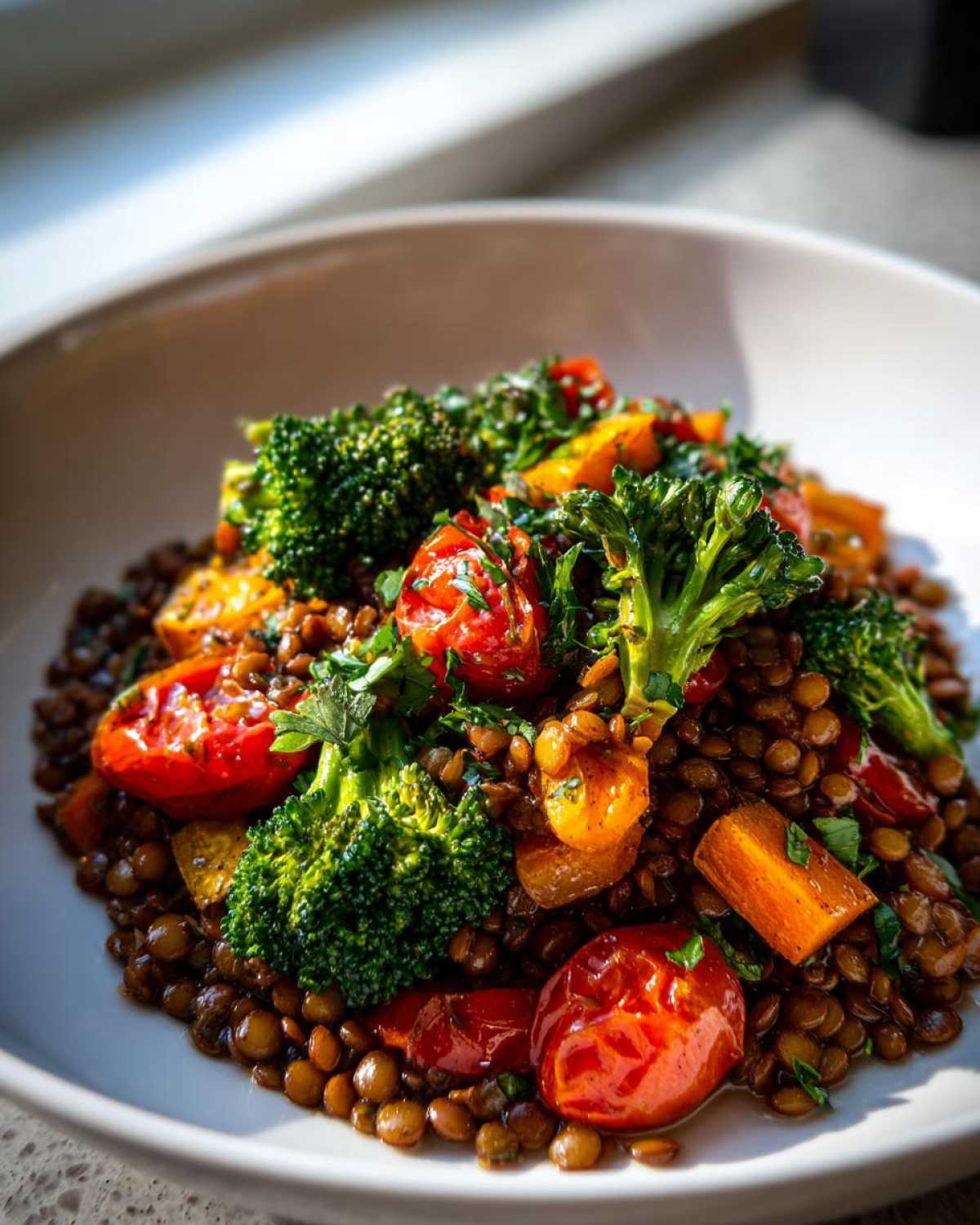 Close-up of a vibrant veggie lentil salad featuring brown lentils, roasted cherry tomatoes, broccoli florets, and carrots.