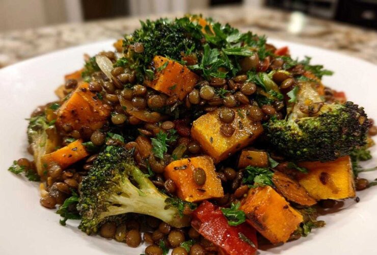 Close-up of a vibrant veggie lentil salad featuring brown lentils, roasted orange squash cubes, and broccoli florets.