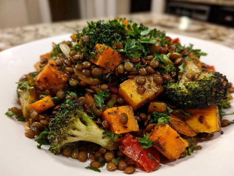 Close-up of a vibrant veggie lentil salad featuring brown lentils, roasted orange squash cubes, and broccoli florets.