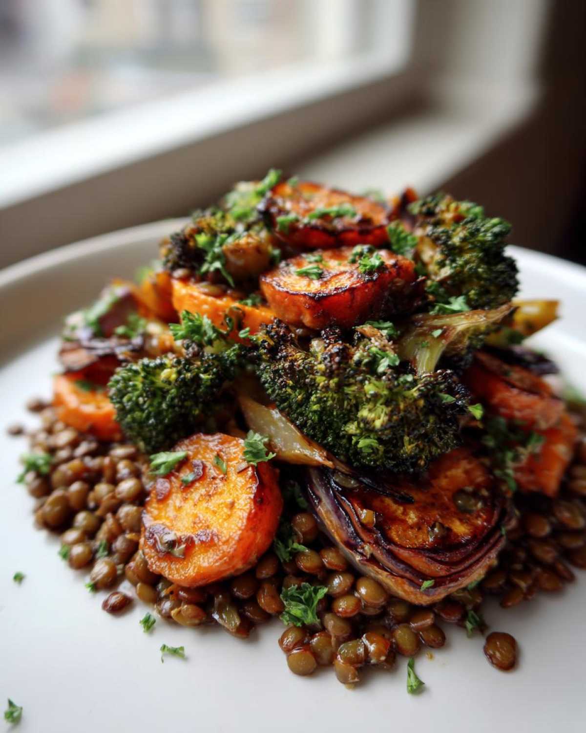 Close-up of a serving of veggie lentil salad featuring roasted carrots, broccoli, and onions over brown lentils.