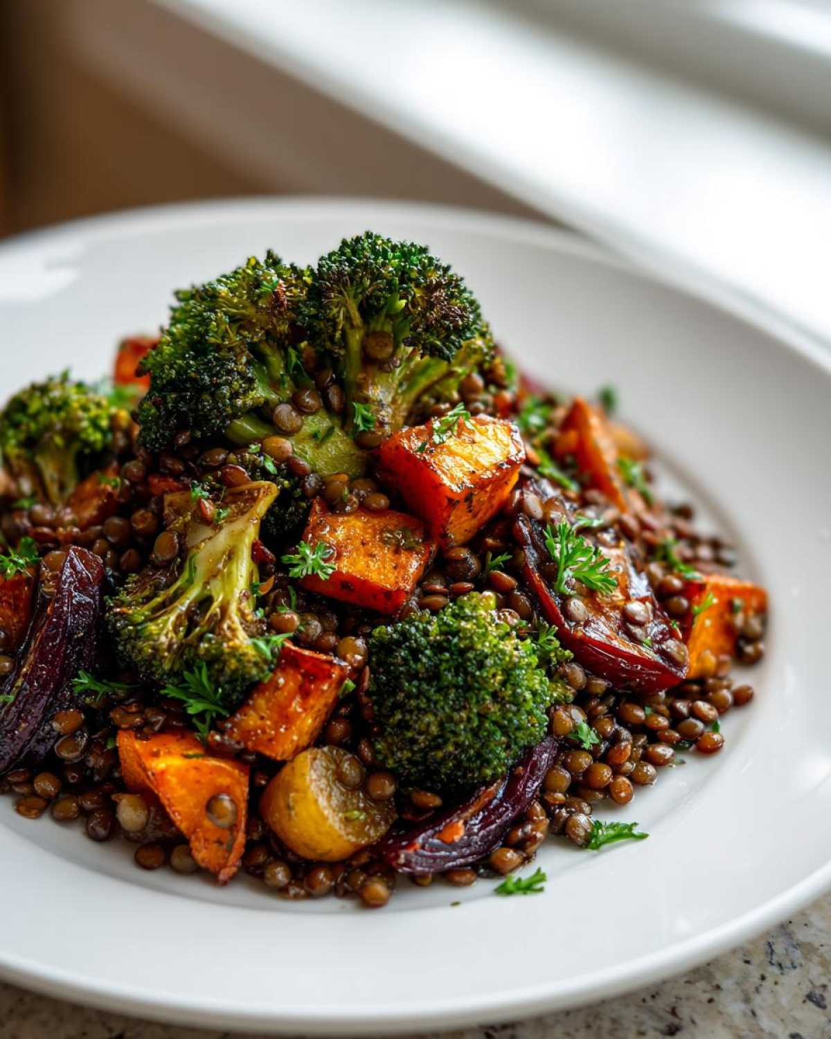 Close-up of a vibrant veggie lentil salad featuring brown lentils, roasted broccoli florets, and orange sweet potato cubes.