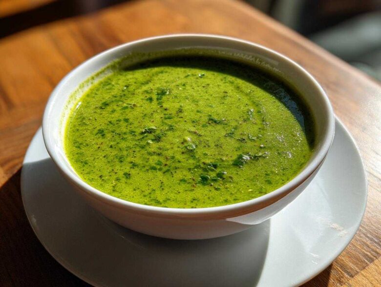 A vibrant, bright green cilantro lime sauce served in a small white bowl on a wooden table.