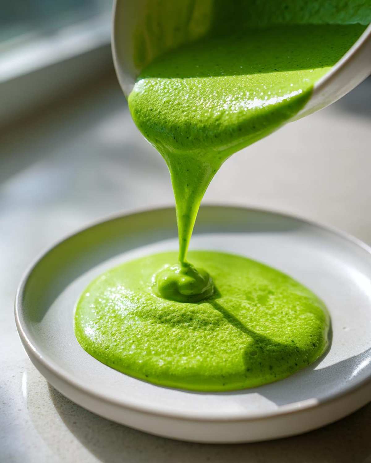 Bright green, creamy cilantro lime sauce being poured from a white bowl onto a light gray plate.