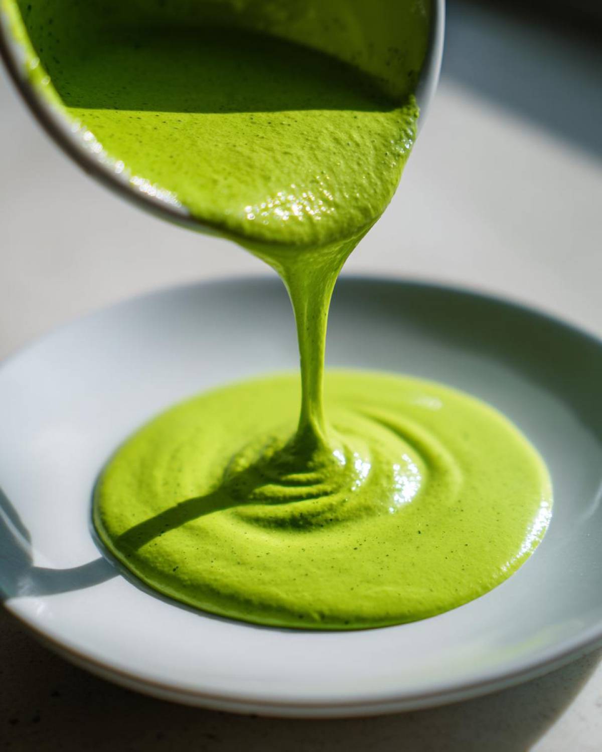 Close-up of thick, bright green cilantro lime sauce being poured from a white bowl onto a light plate.