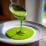 A spoonful of bright green cilantro lime sauce is drizzled onto a white plate, creating a perfect swirl.