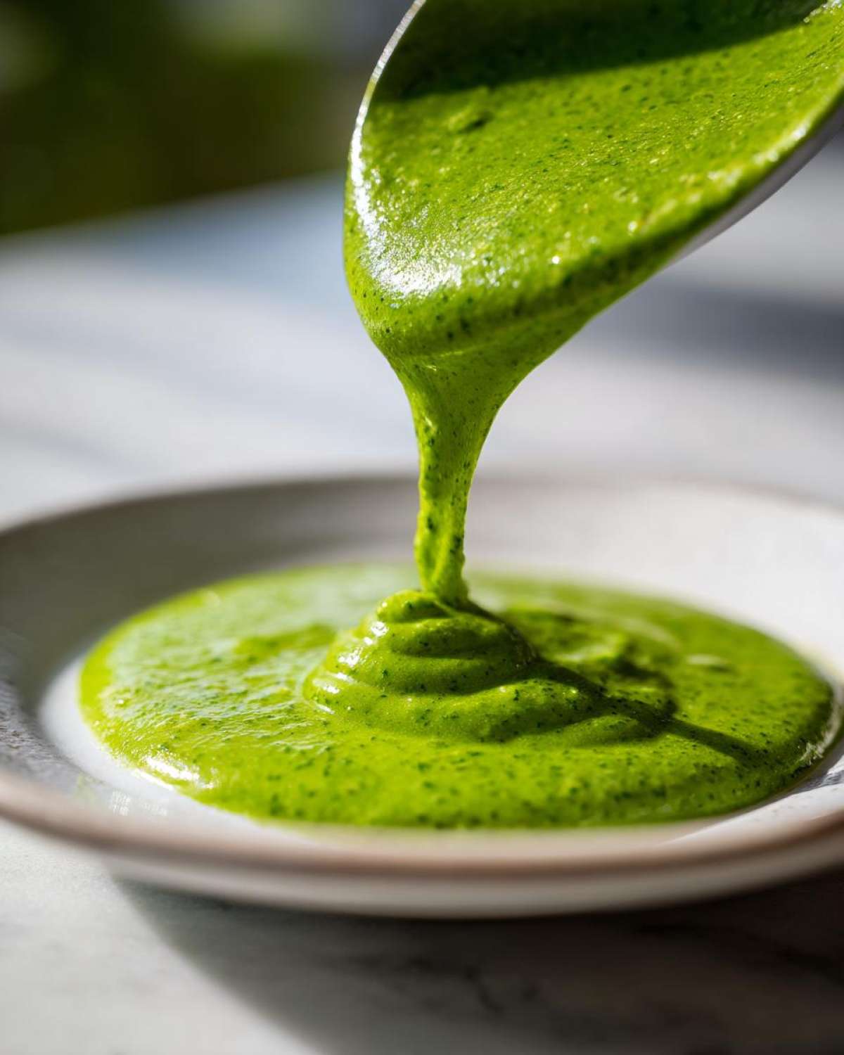 A spoonful of bright green, creamy cilantro lime sauce being poured onto a white plate.
