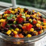 Close-up of a clear glass bowl filled with colorful cowboy caviar, featuring black beans, corn, and diced red peppers.