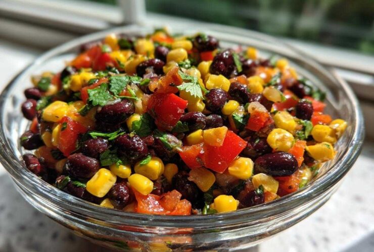 Close-up of a clear glass bowl filled with colorful cowboy caviar, featuring black beans, corn, and diced red peppers.