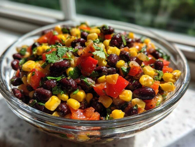 Close-up of a clear glass bowl filled with colorful cowboy caviar, featuring black beans, corn, and diced red peppers.