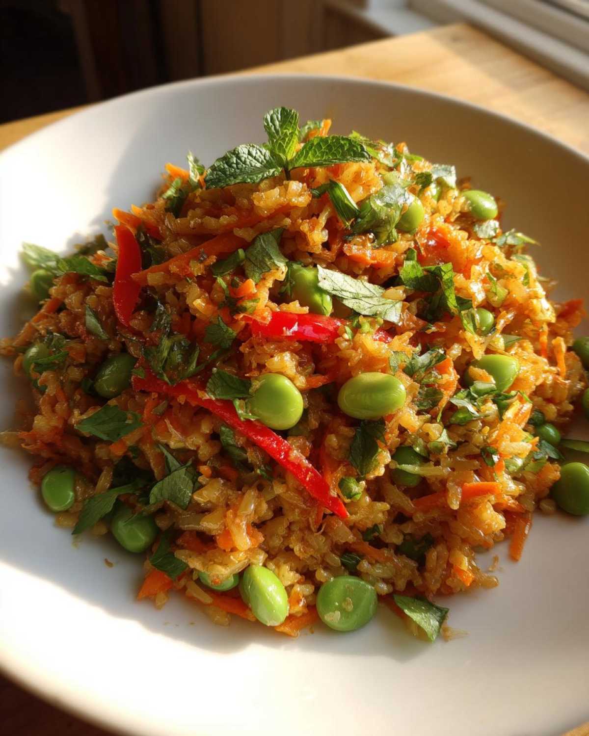 Close-up of a vibrant crispy rice salad mixed with shredded carrots, bright green edamame, red chili strips, and fresh mint.