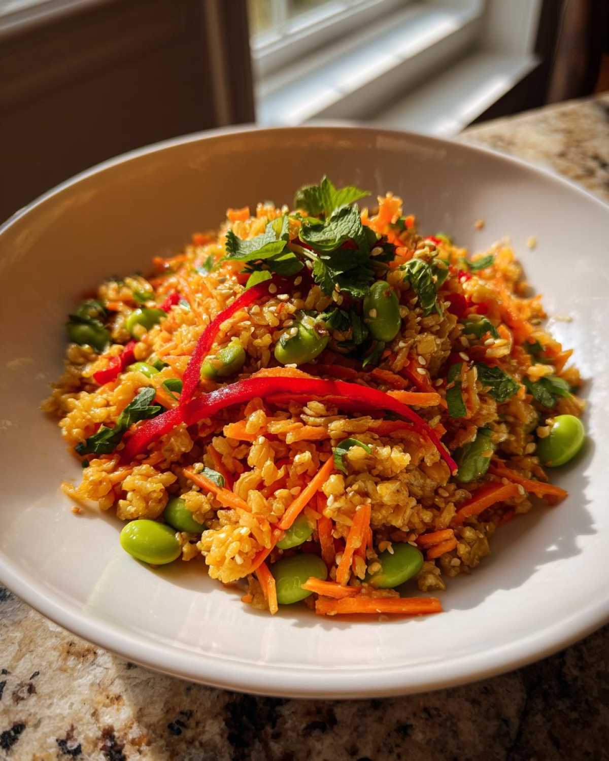 A bowl of colorful crispy rice salad mixed with shredded carrots, bright green edamame, and topped with mint.