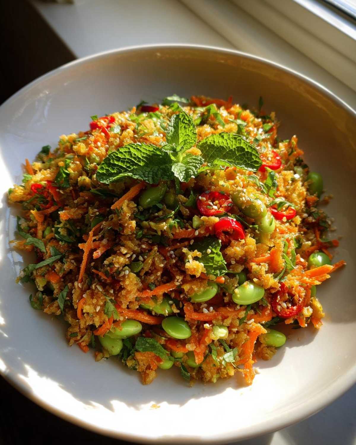 A bowl of vibrant crispy rice salad mixed with shredded carrots, edamame, red chili, and topped with fresh mint.