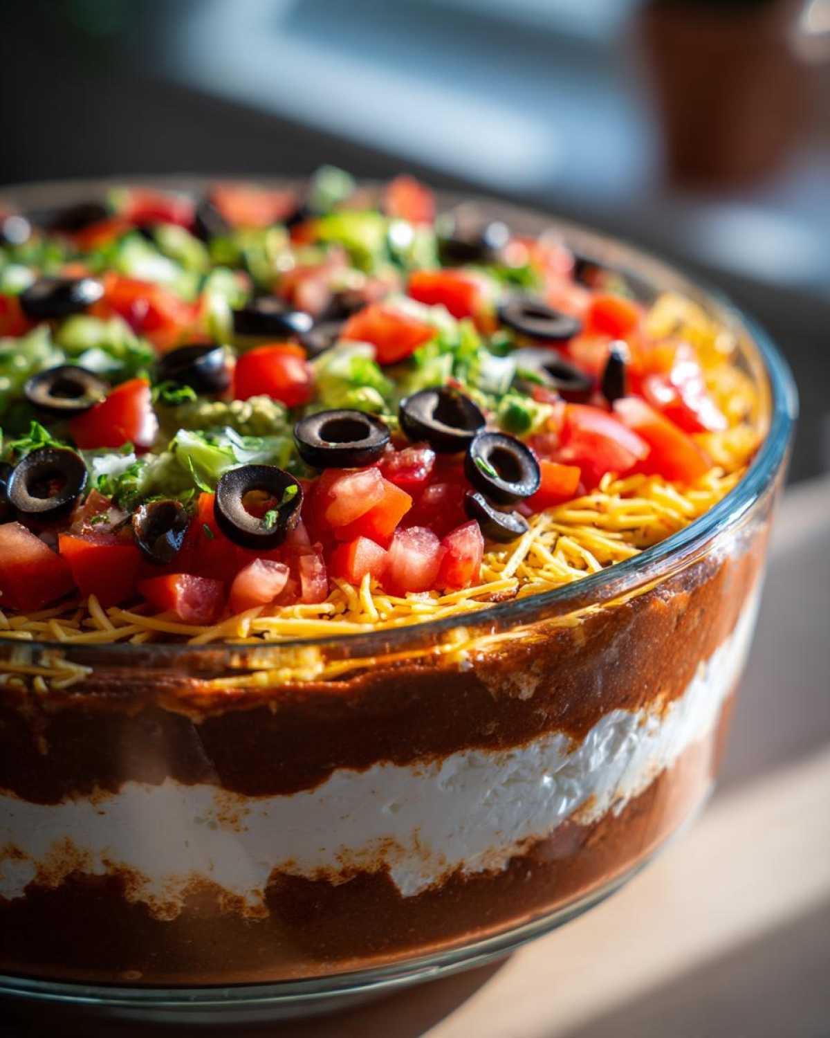 A close-up view of a vibrant Seven layer dip layered in a clear glass bowl, topped with tomatoes, olives, and lettuce.
