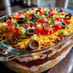 A vibrant, layered Seven layer dip topped with shredded cheese, tomatoes, olives, and green onions in a clear glass dish.