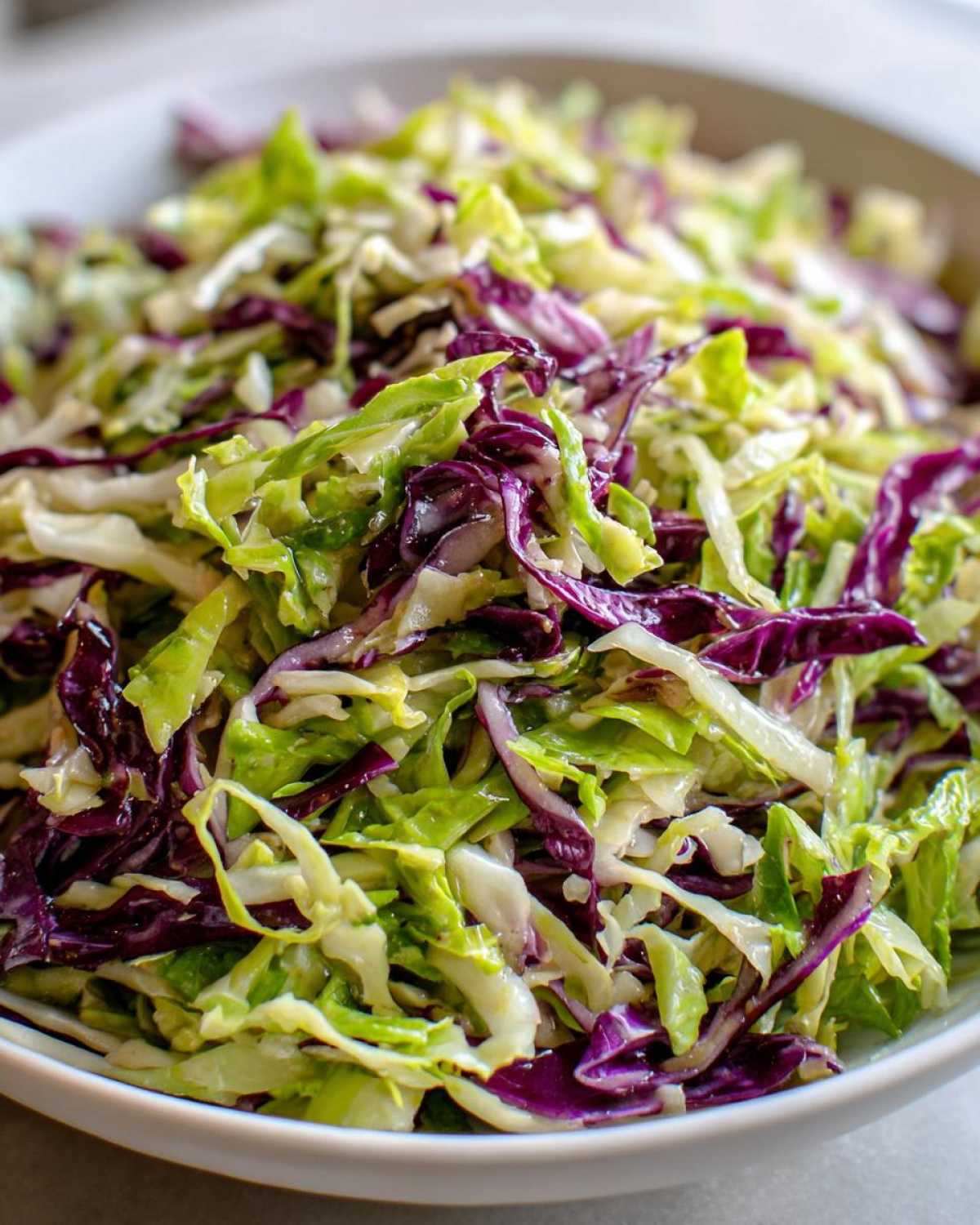 Close-up of a bowl filled with shredded green and purple cabbage salad, lightly dressed.